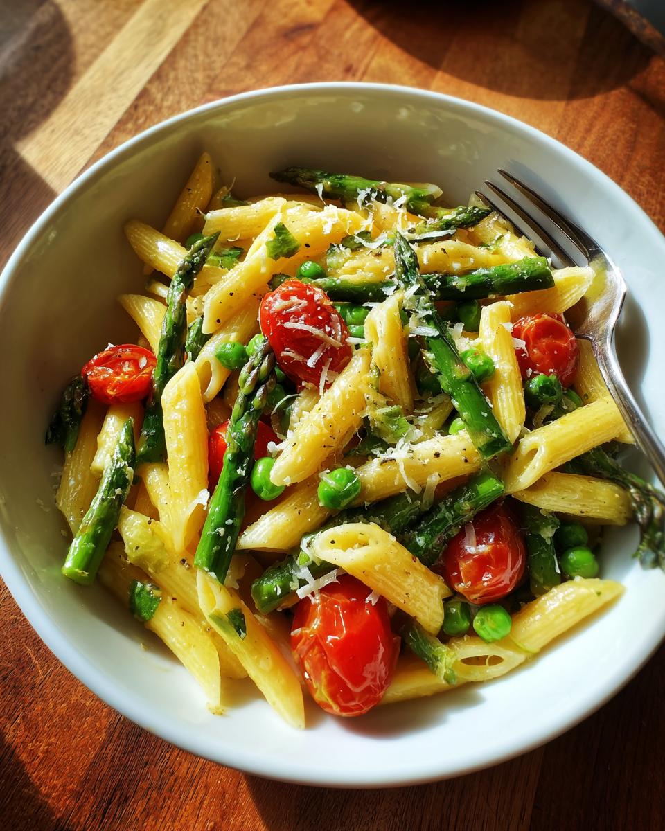 Bowl of spring veggie pasta with penne, asparagus, cherry tomatoes, peas, and grated cheese.