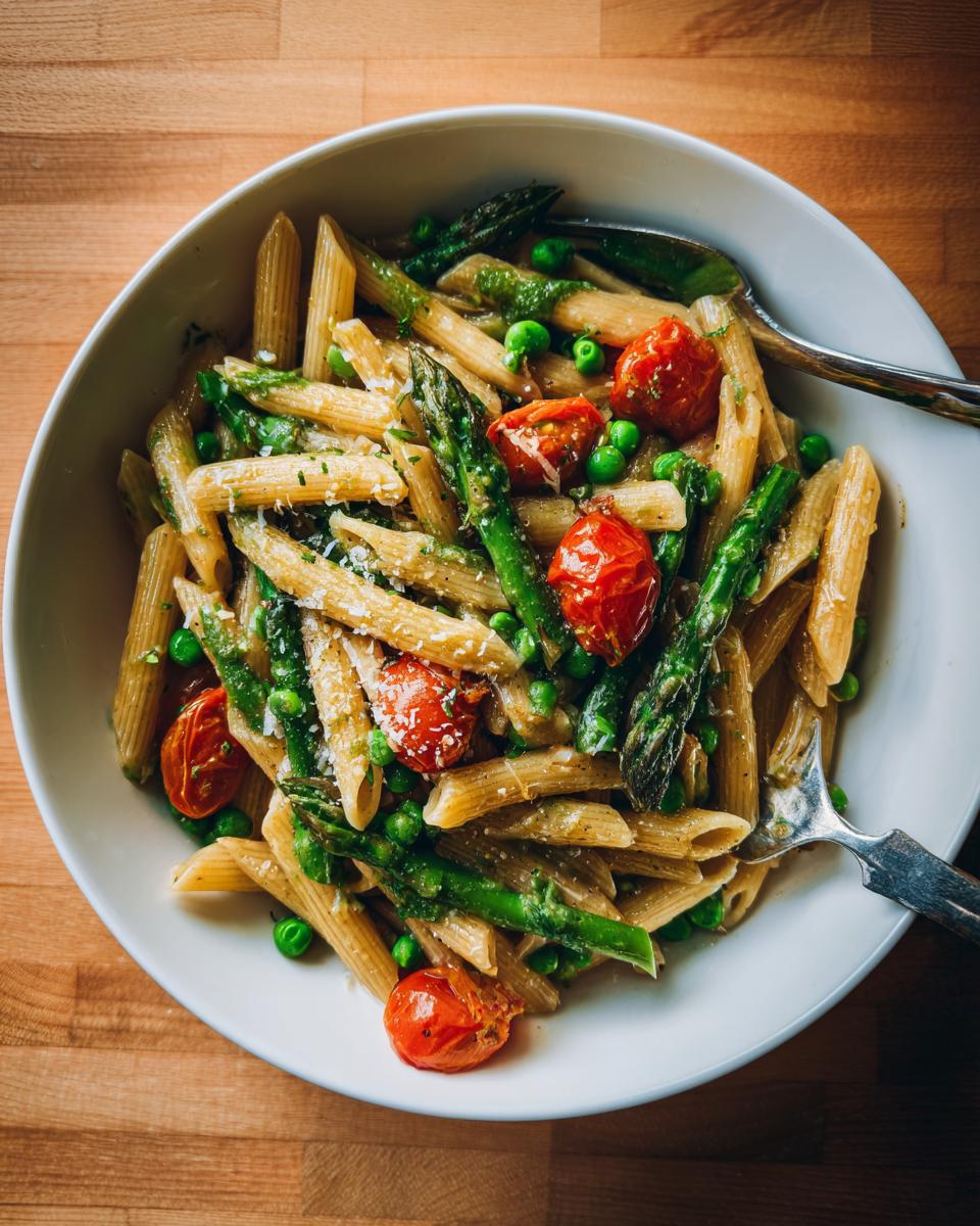 Bowl of spring veggie pasta with penne, asparagus, peas, and roasted cherry tomatoes