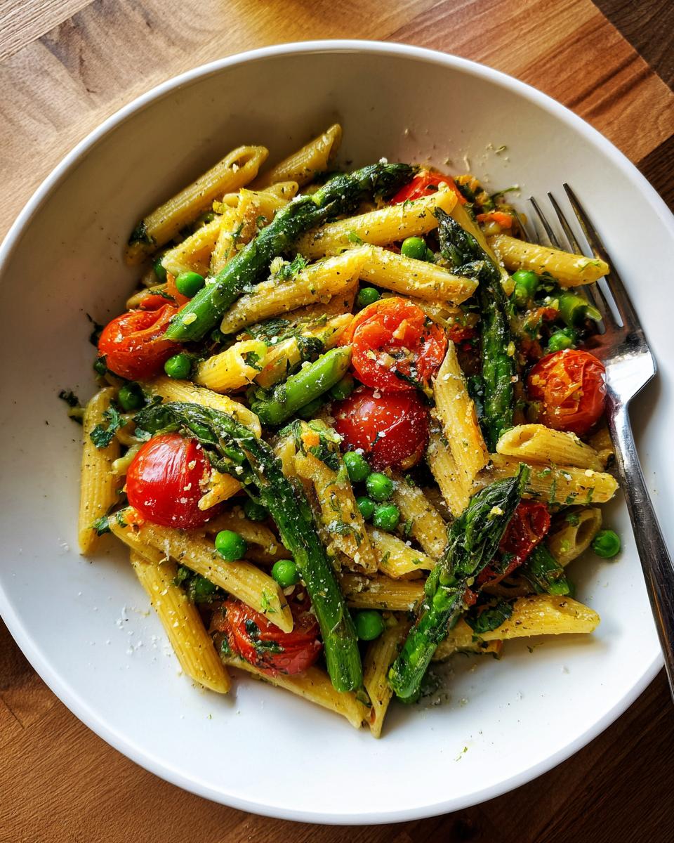 Bowl of spring veggie pasta recipes with penne, asparagus, cherry tomatoes, and peas.