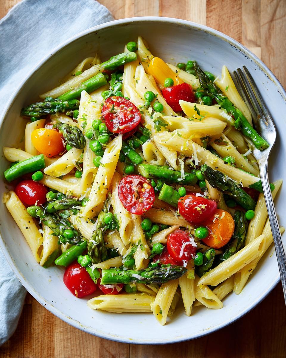 Bowl of spring veggie pasta recipes with penne, asparagus, peas, and cherry tomatoes.