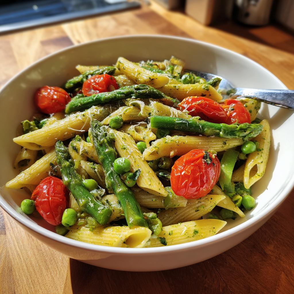 Bowl of spring veggie pasta recipes with penne, asparagus, peas, and cherry tomatoes.