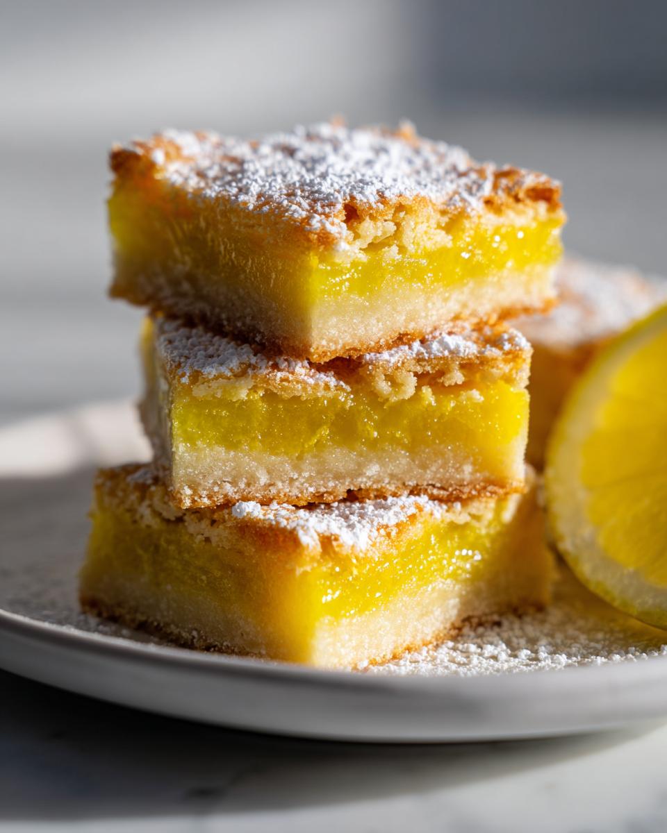 Close-up of stacked lemon bars dusted with powdered sugar on a plate with a lemon wedge