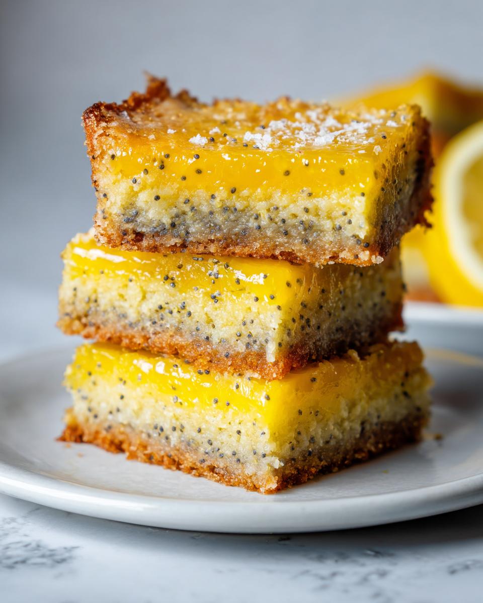Three stacked lemon poppy seed dessert bars with a bright yellow lemon topping and poppy seeds.