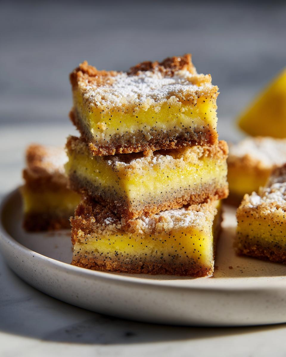 Close-up of stacked lemon poppy seed dessert bars dusted with powdered sugar on a white plate.