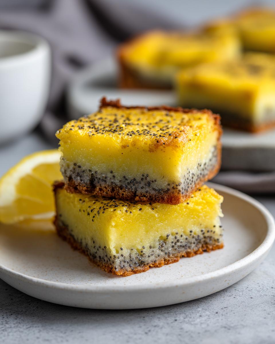 Two stacked lemon poppy seed dessert bars on a white plate with a lemon wedge