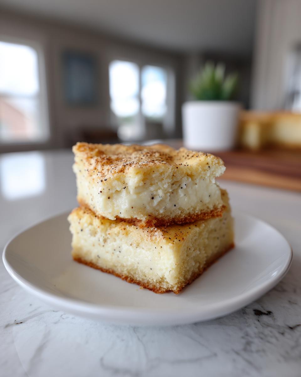 Two stacked vanilla bean dessert bars with creamy filling on a white plate.