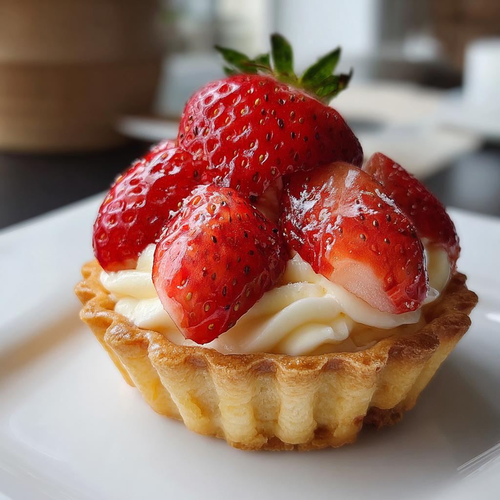 Close-up of a mini tart shell dessert topped with cream and fresh strawberries.