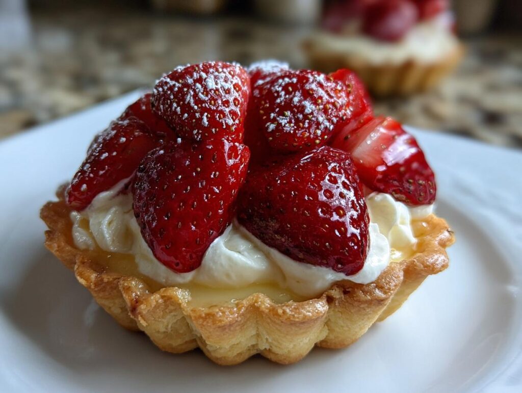 Close-up of a mini tart shell dessert topped with whipped cream and fresh strawberries.