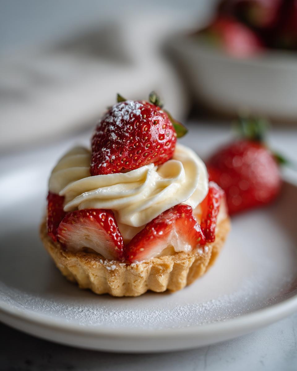 Mini tart shell dessert topped with fresh strawberries and cream, dusted with powdered sugar.