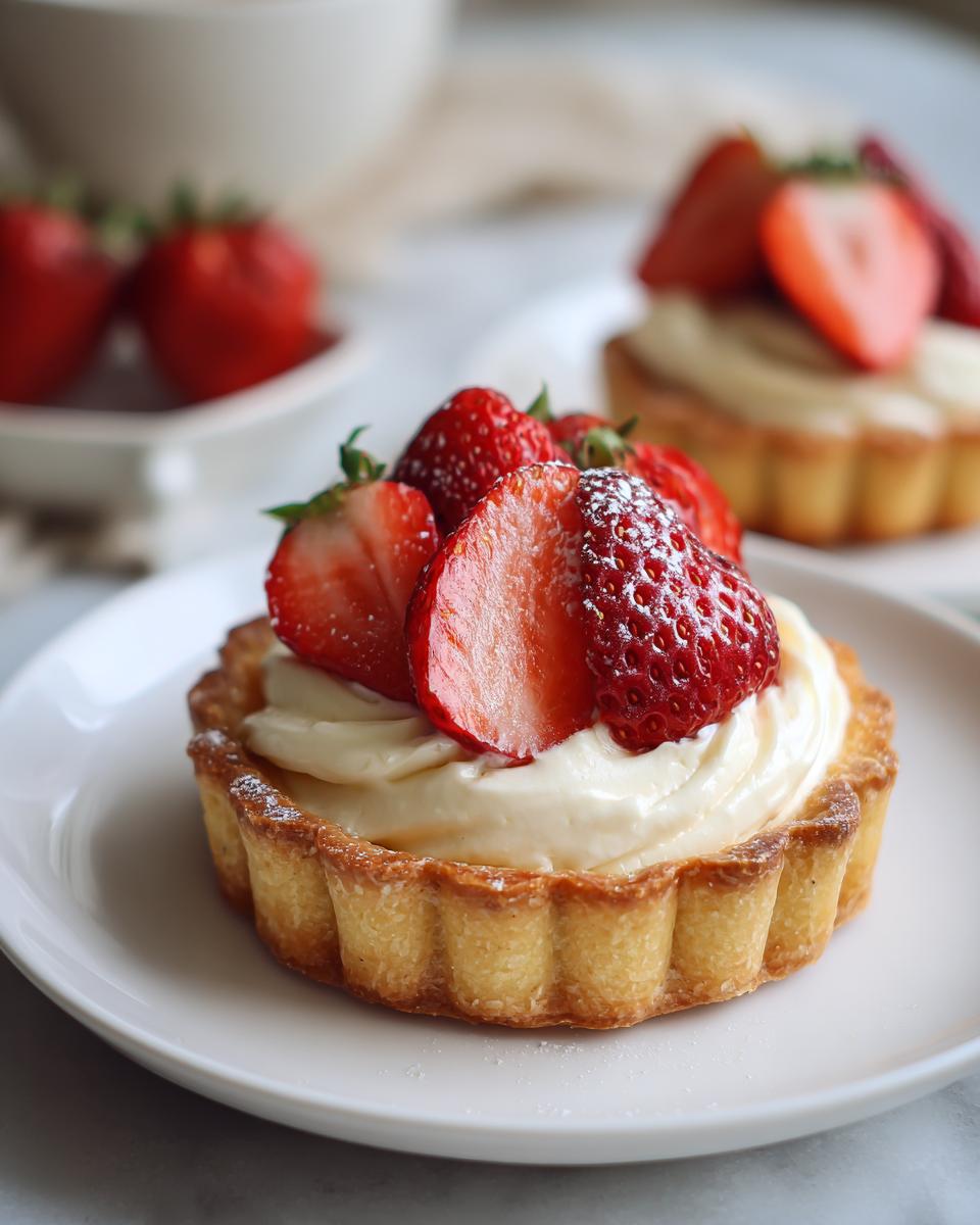 Mini tart shell dessert topped with cream and fresh strawberries on a white plate