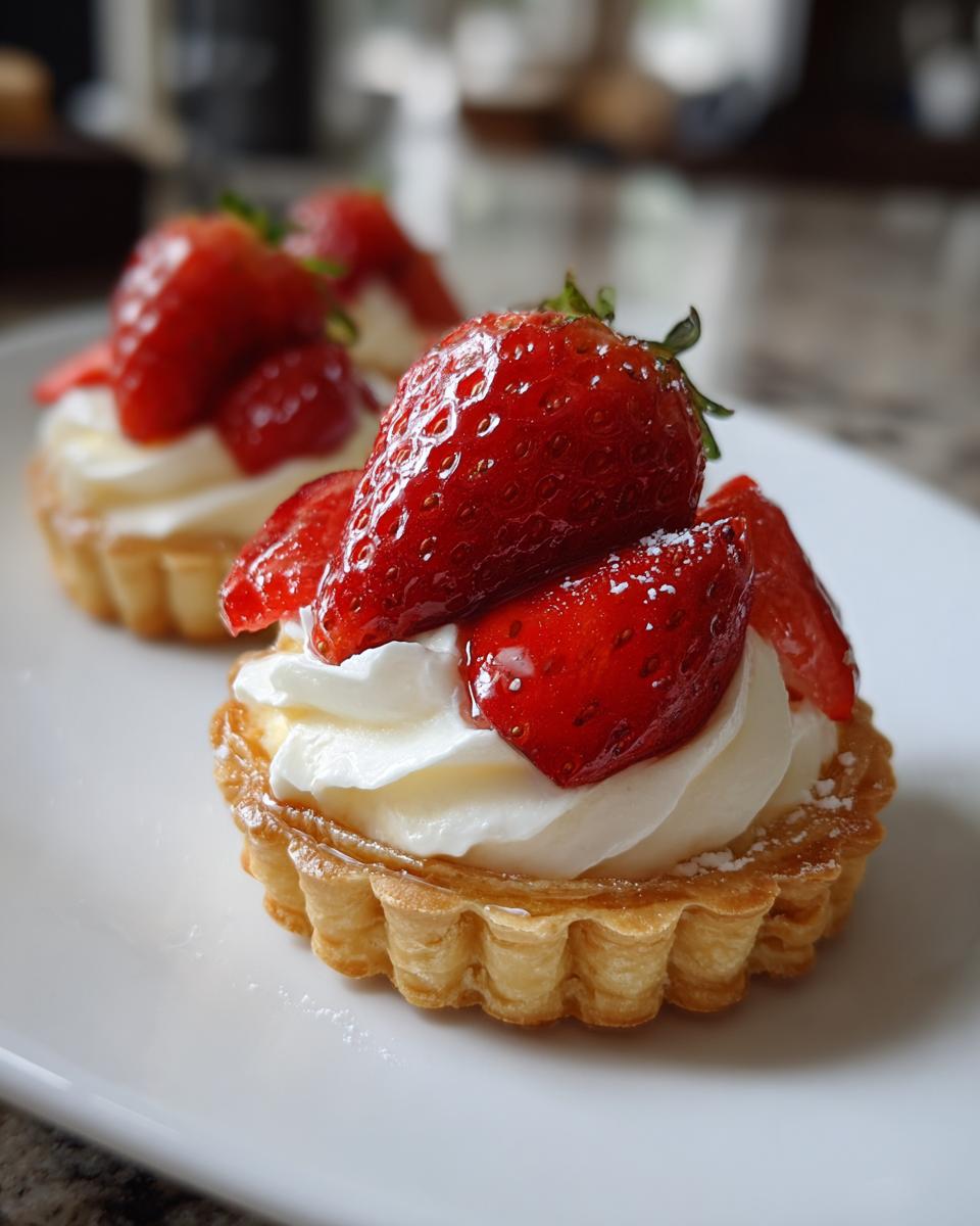 Mini tart shell dessert ideas with fresh strawberries and whipped cream on a white plate.