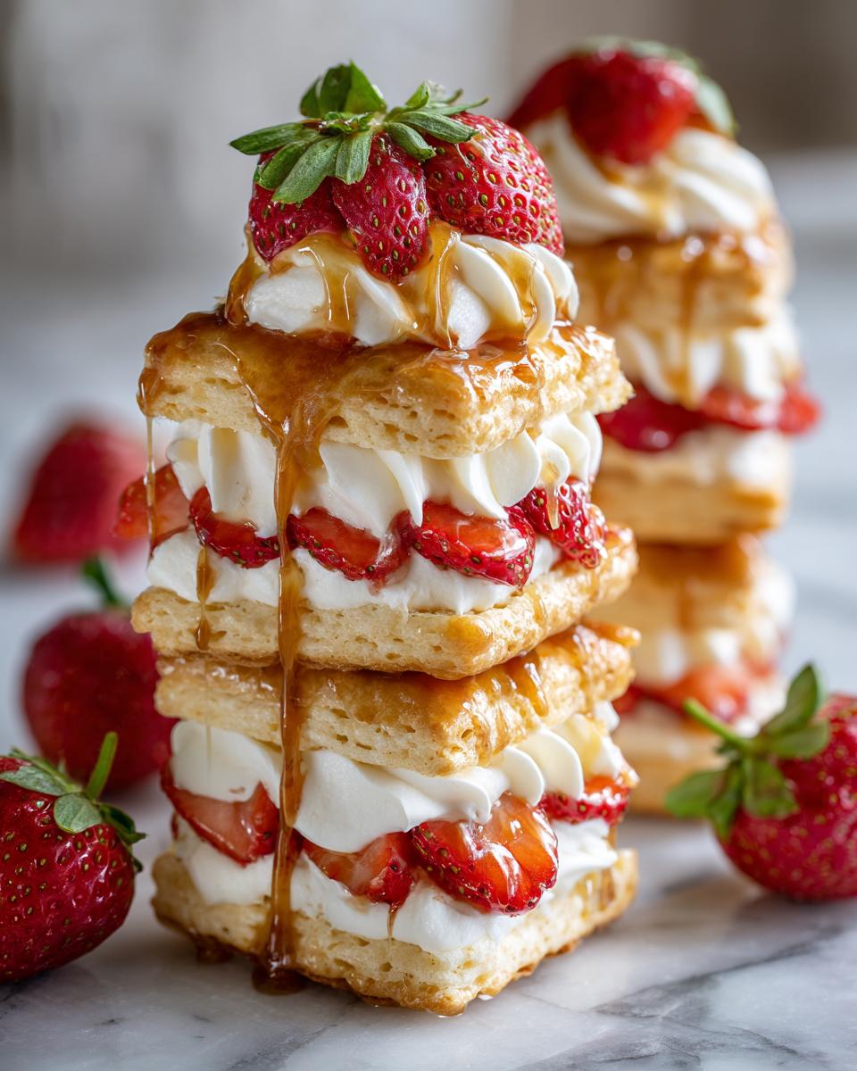 Stacked sweet biscuit dessert stacks layered with whipped cream, strawberries, and drizzled caramel sauce