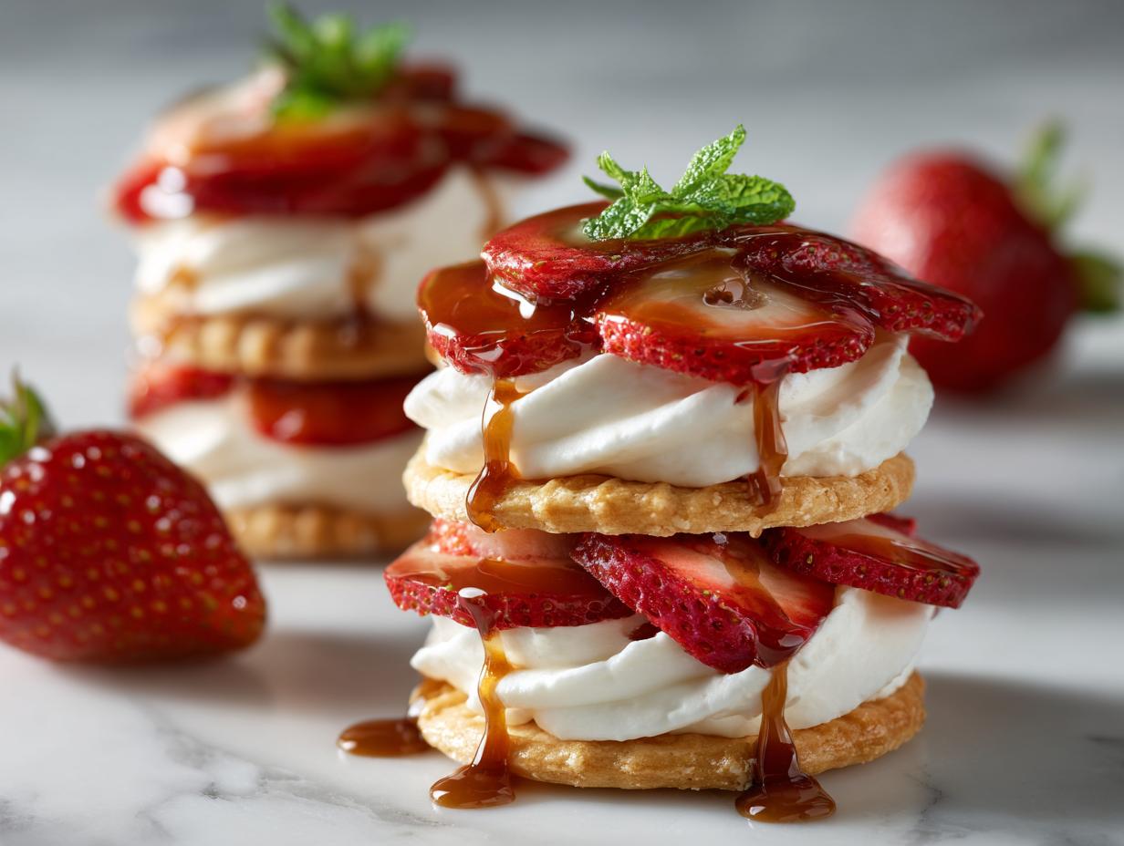 Sweet biscuit dessert stacks layered with whipped cream, sliced strawberries, and drizzled syrup