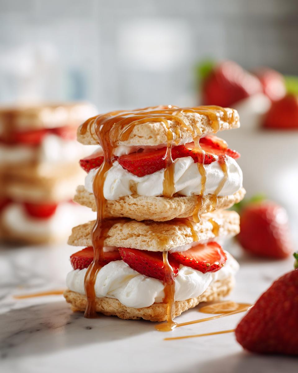 Sweet biscuit dessert stacks layered with whipped cream, fresh strawberries, and drizzled caramel sauce.