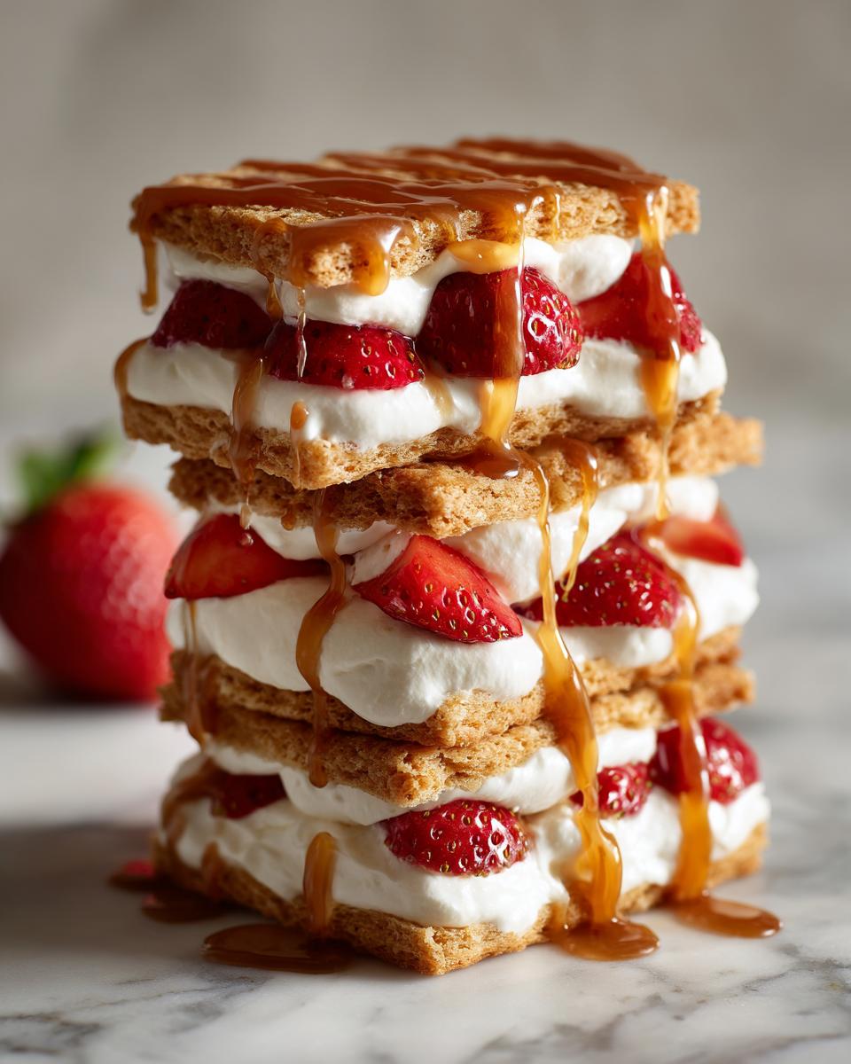 Sweet biscuit dessert stacks layered with whipped cream, fresh strawberries, and caramel drizzle.