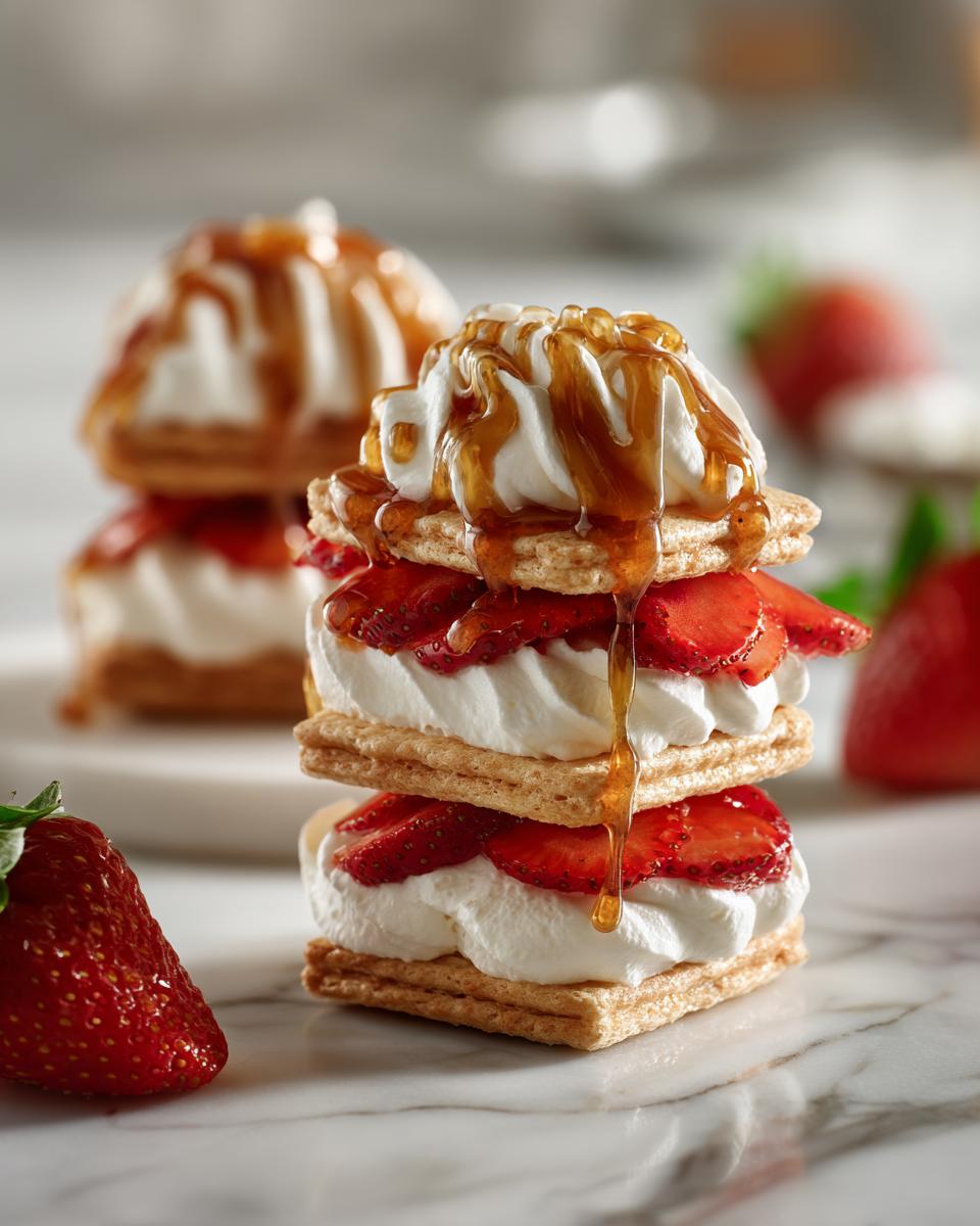 Sweet biscuit dessert stacks layered with whipped cream, fresh strawberries, and drizzled syrup.