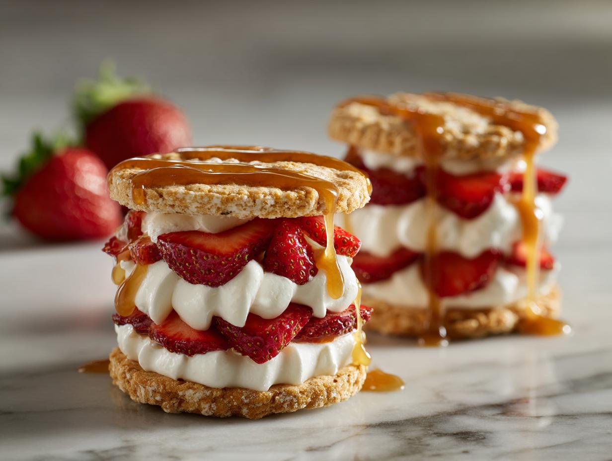 Two sweet biscuit dessert stacks layered with whipped cream, fresh strawberries, and drizzled caramel sauce.