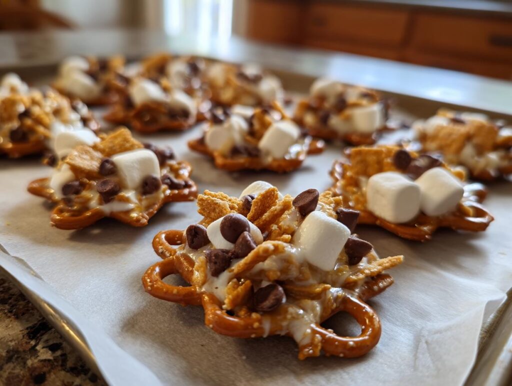 Close-up of sweet party snack recipes featuring pretzels topped with marshmallows, chocolate chips, and cereal