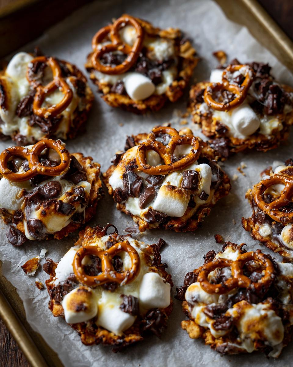 Tray of sweet party snack recipes with melted marshmallows, chocolate chunks, and pretzels on parchment paper.