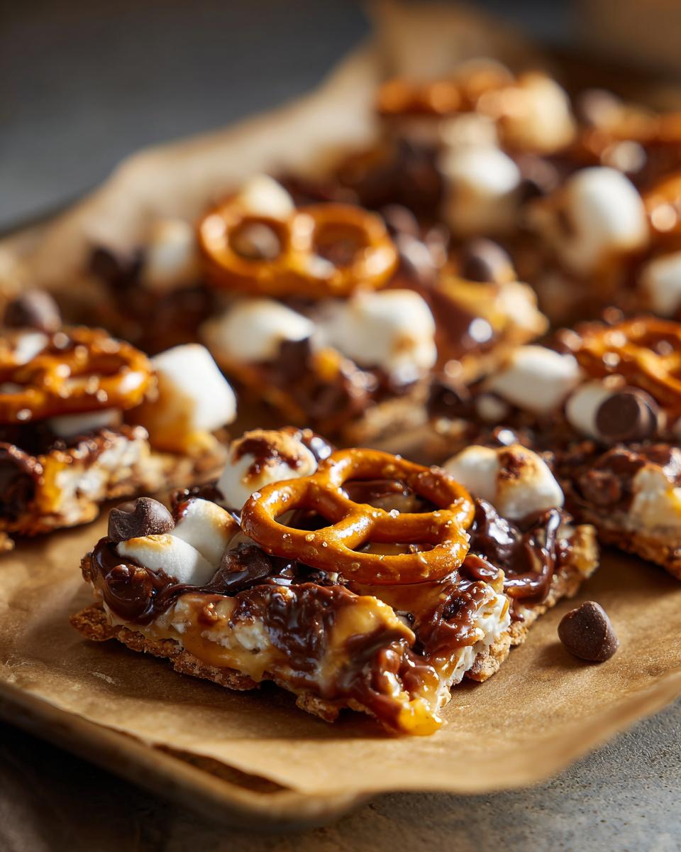 Close-up of sweet party snack recipes featuring pretzels, melted chocolate, and marshmallows on parchment paper.