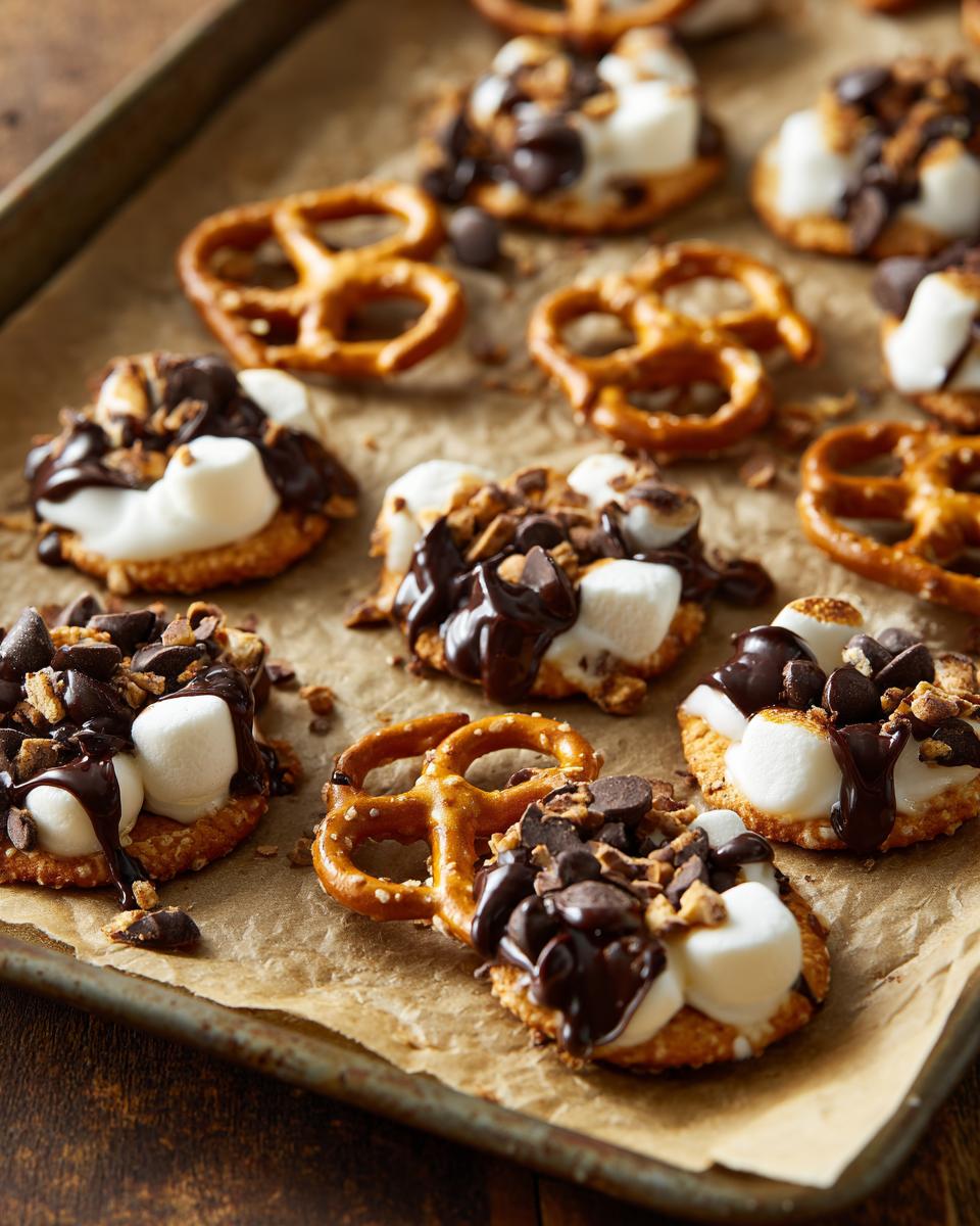 Pretzel snacks topped with melted chocolate, marshmallows, and chocolate chips on a baking tray.