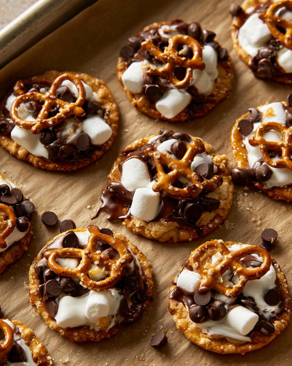 Sweet party snack recipes featuring pretzels, marshmallows, and chocolate chips on crispy bases.
