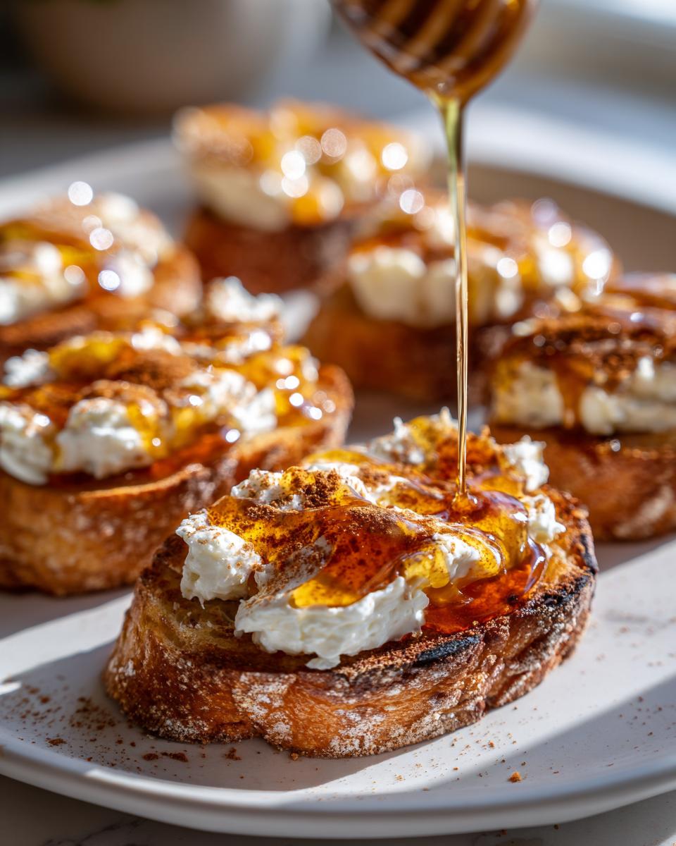 Close-up of sweet ricotta toast bites topped with honey being drizzled over them.