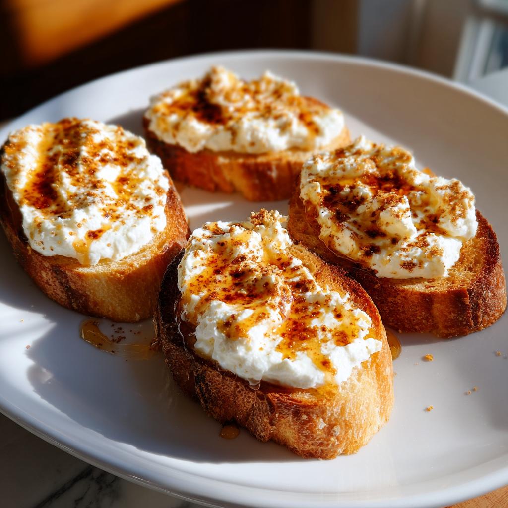 Four sweet ricotta toast bites topped with honey and spices on a white plate