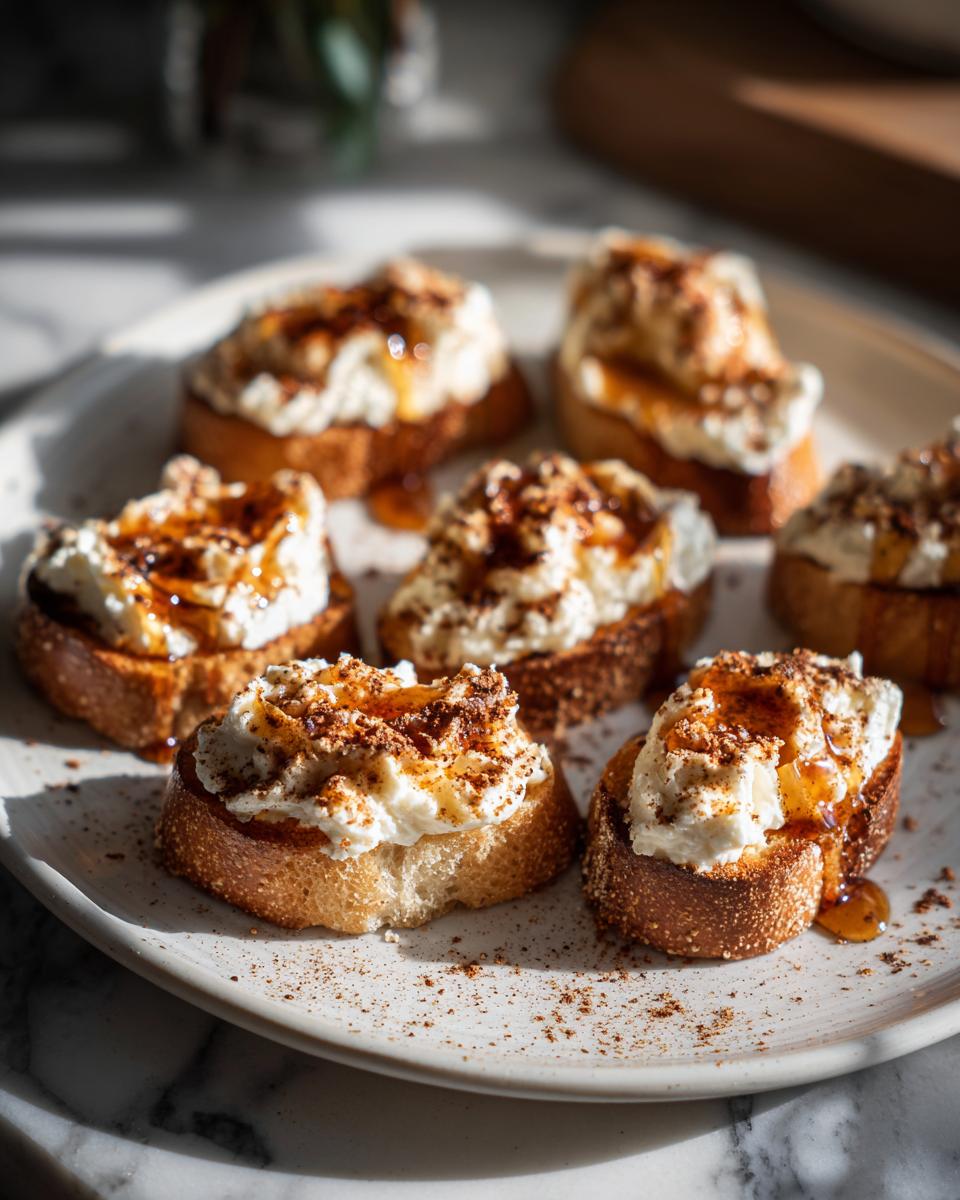 Close-up of sweet ricotta toast bites topped with honey and cinnamon on a white plate.