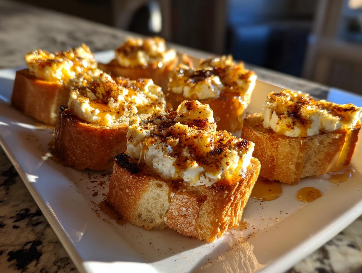 Close-up of sweet ricotta toast bites drizzled with honey on a white plate.