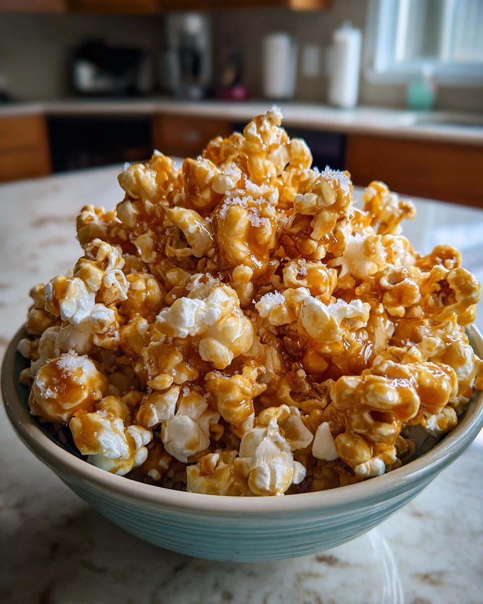 Close-up of a bowl filled with sweet and salty popcorn topped with caramel and salt crystals.