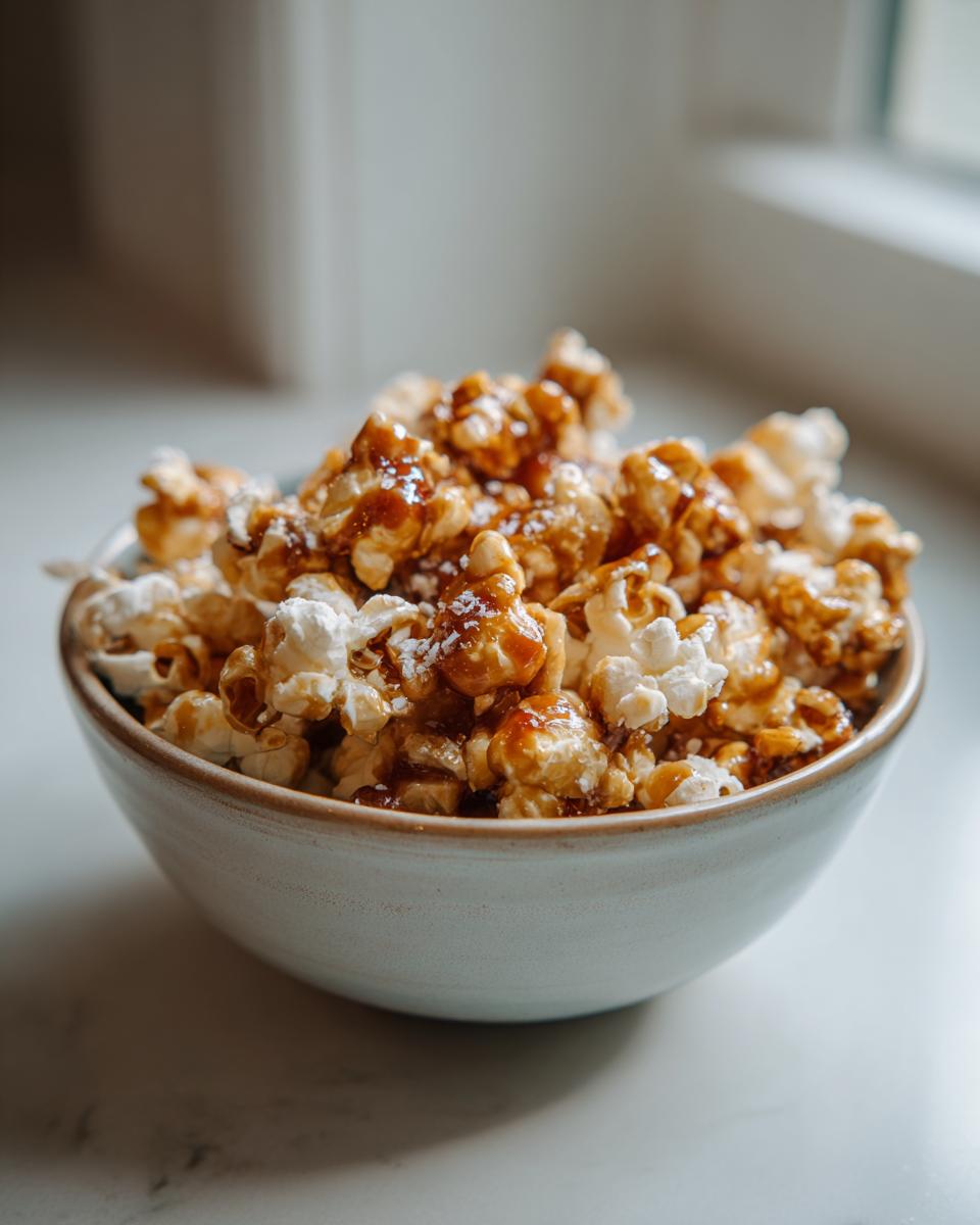 Bowl of sweet and salty popcorn with caramel coating and salt flakes