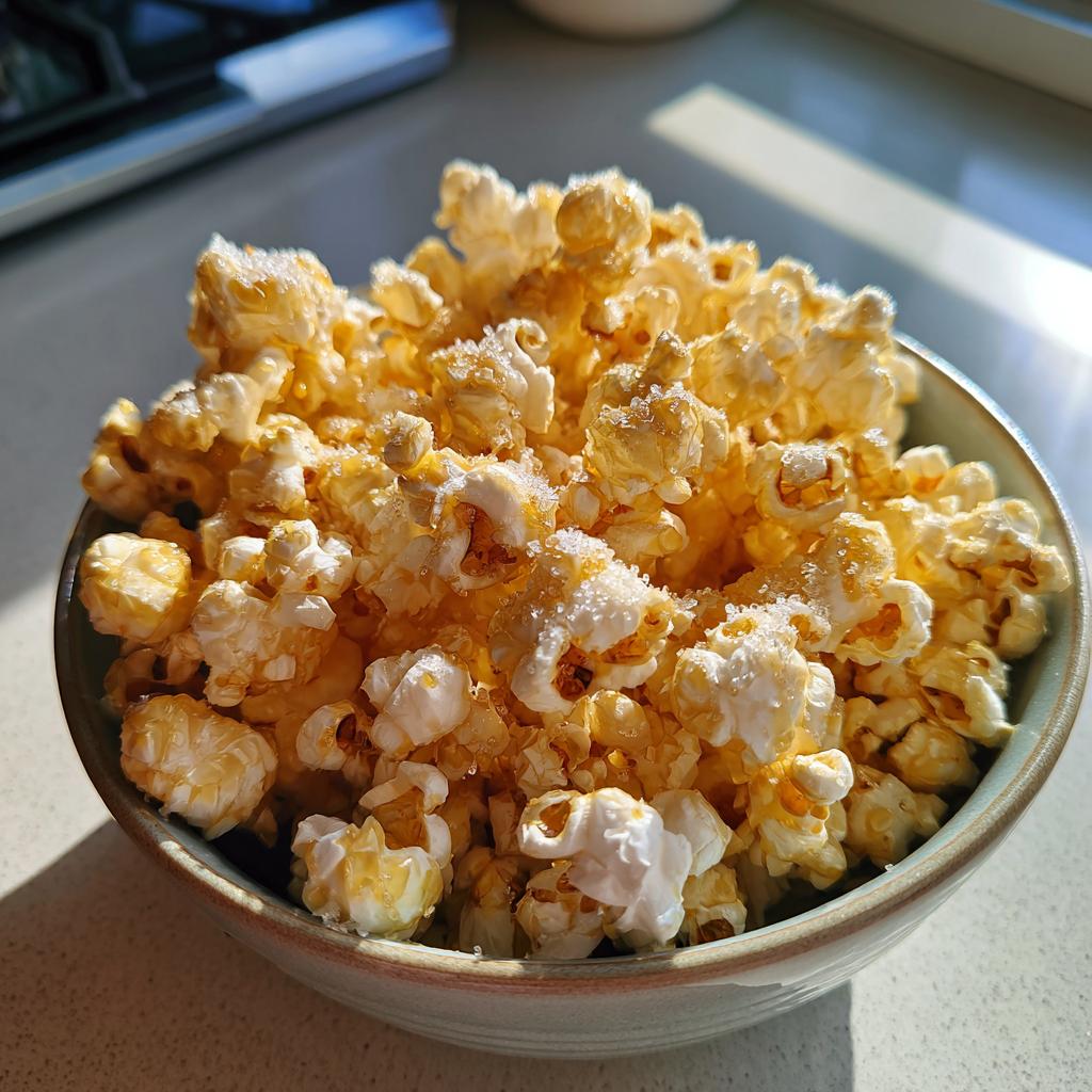 Bowl of sweet and salty popcorn with visible sugar crystals on top