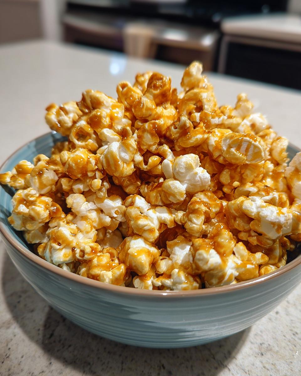 Close-up of a bowl filled with sweet and salty popcorn coated in caramel sauce.