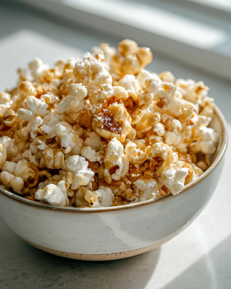 Close-up of a bowl filled with sweet and salty popcorn sprinkled with sea salt.