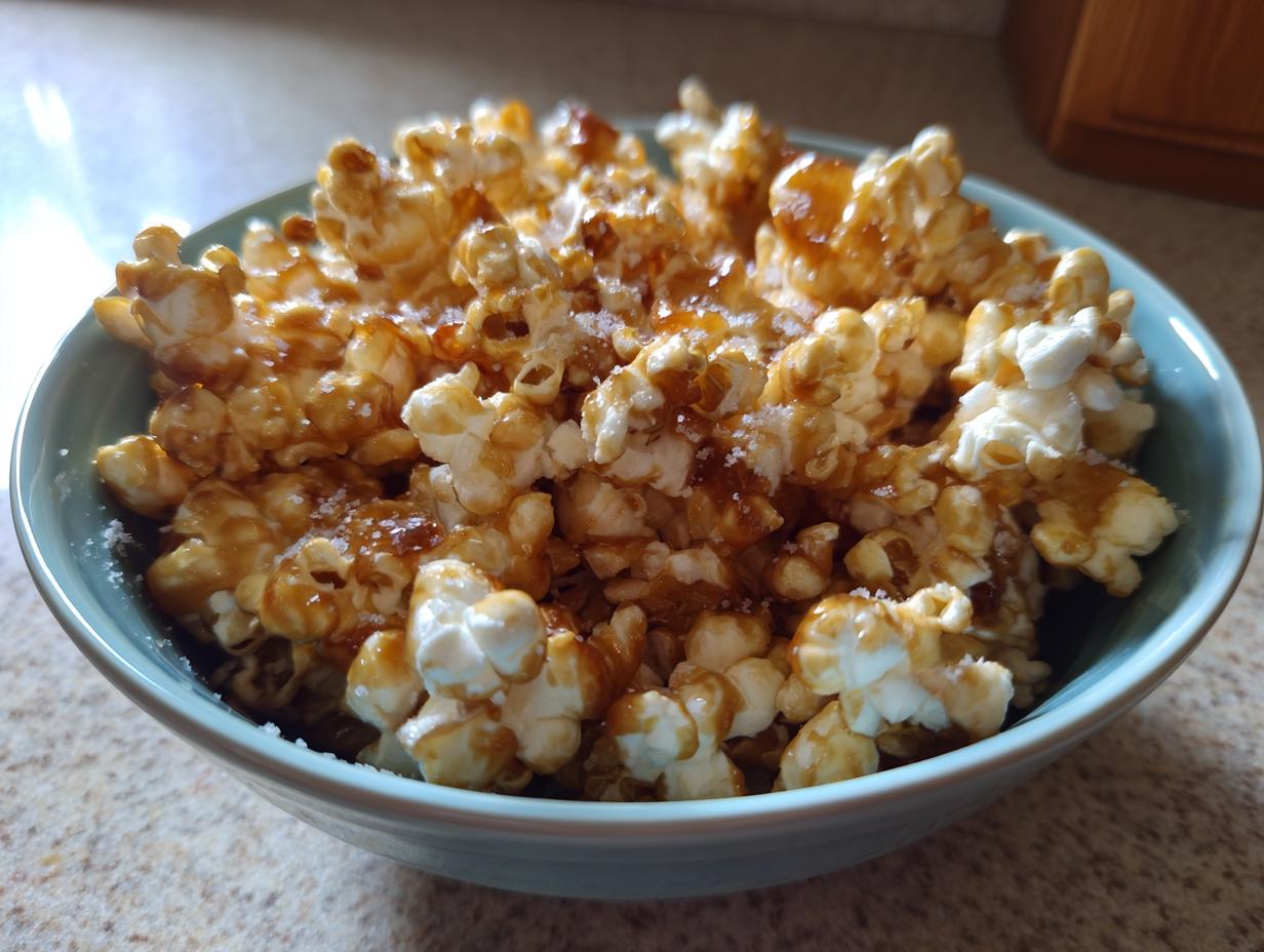 Close-up of a bowl filled with sweet and salty popcorn coated in caramel and sprinkled with salt.