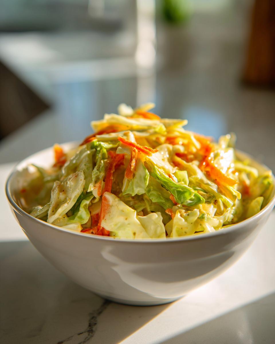 Bowl of fresh sweet and tangy coleslaw with cabbage and carrots in creamy dressing
