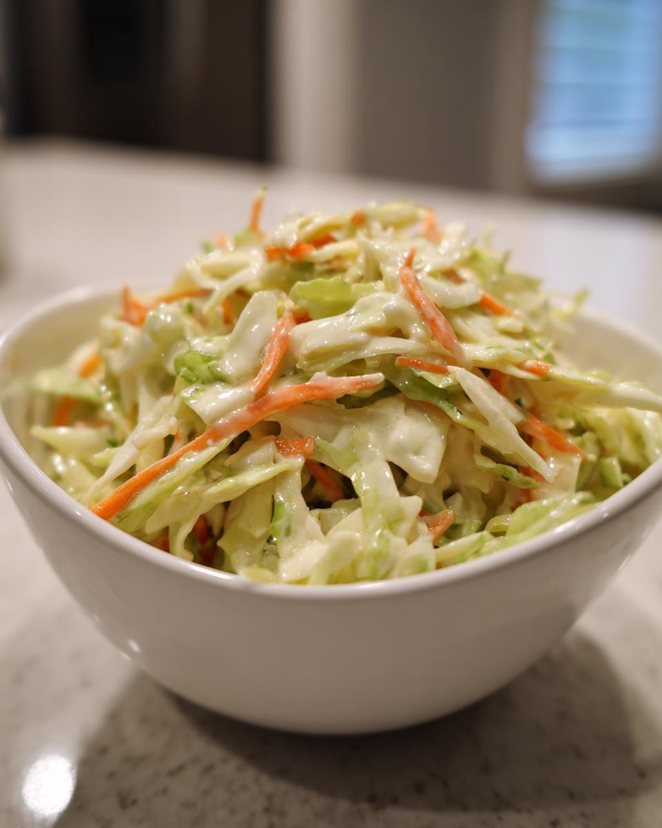 Bowl of creamy sweet and tangy coleslaw with shredded cabbage and carrots