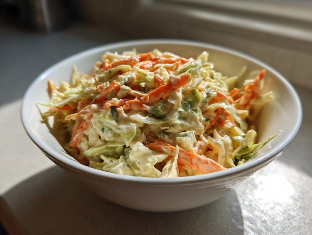 Bowl of creamy sweet and tangy coleslaw recipe with shredded carrots and cabbage.
