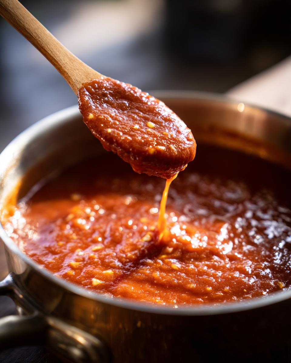 Wooden spoon lifting thick tomato sauce from pot, showcasing simple homemade sauce recipes.