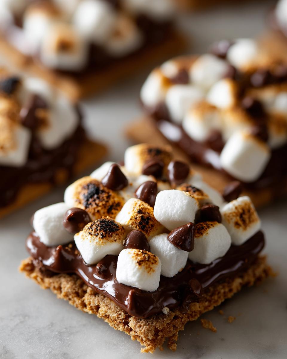 Close-up of toasted marshmallow and chocolate chip topping on a graham cracker easy sweet finger foods