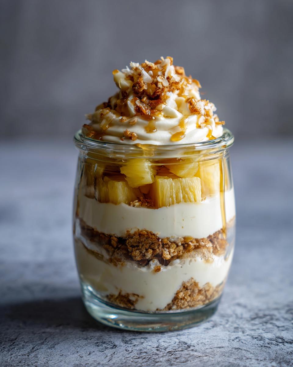 Tropical pineapple dessert jars with layers of cream, granola, pineapple, and whipped topping