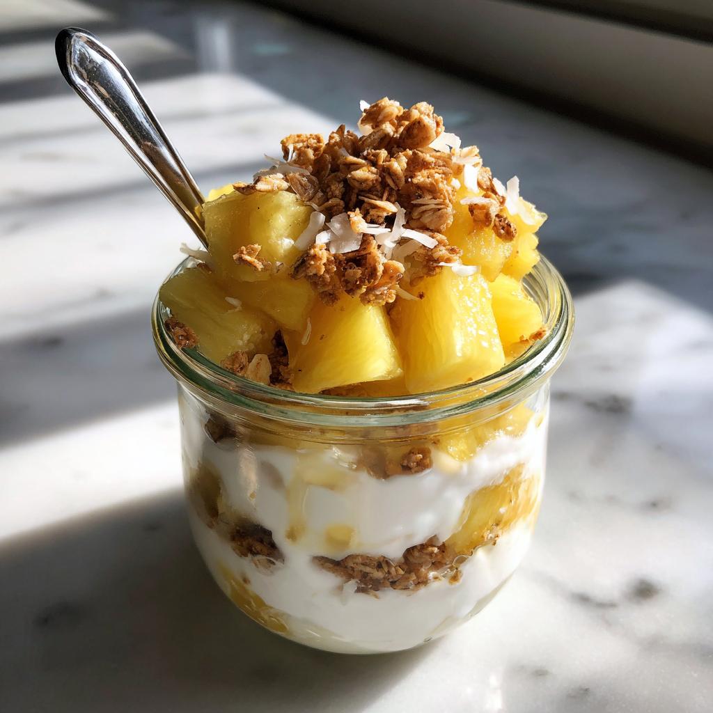 Glass jar filled with tropical pineapple dessert jars layered with yogurt and granola topped with pineapple chunks