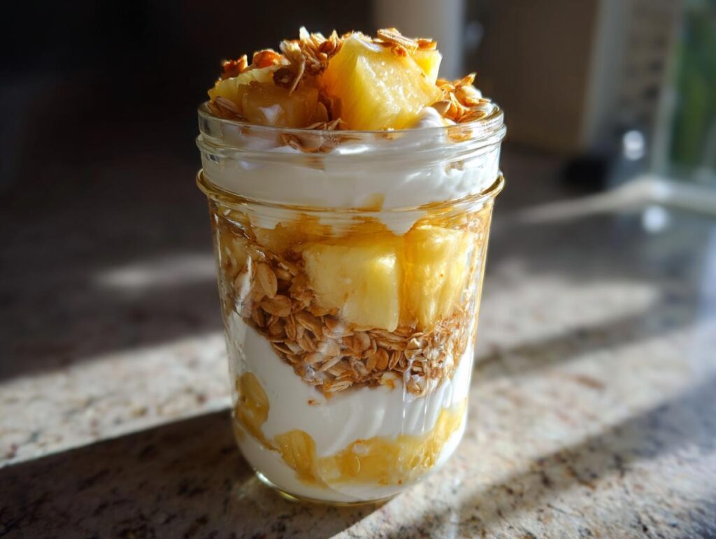 Glass jar filled with tropical pineapple dessert jars layered with yogurt, granola, and pineapple chunks.