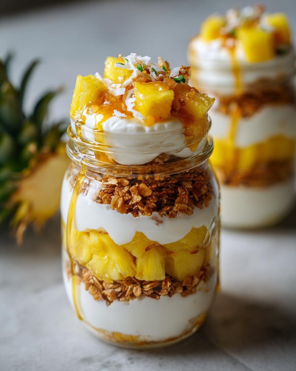 Close-up of tropical pineapple dessert jars layered with granola, yogurt, and fresh pineapple chunks.