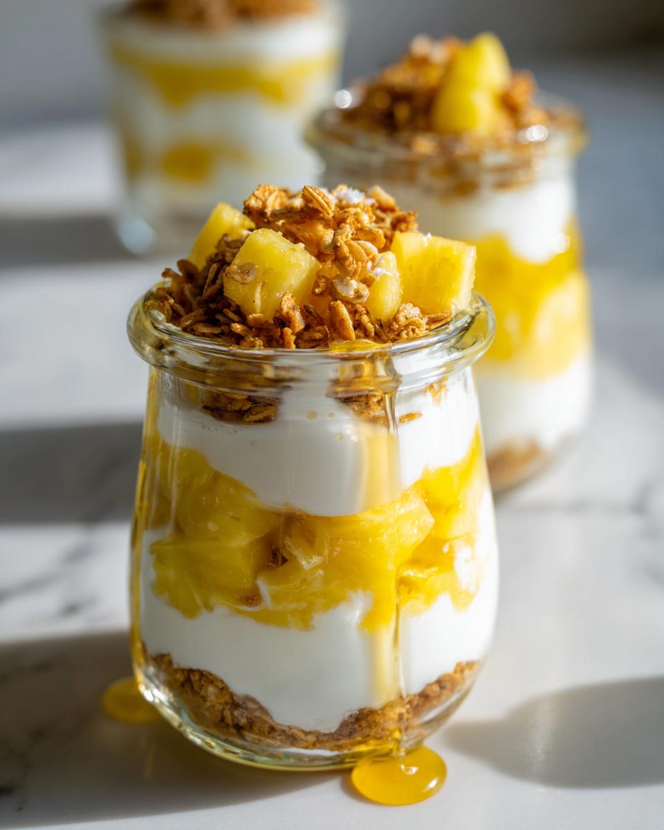 Glass jars filled with tropical pineapple dessert jars layered with yogurt, pineapple chunks, granola, and honey drizzle.