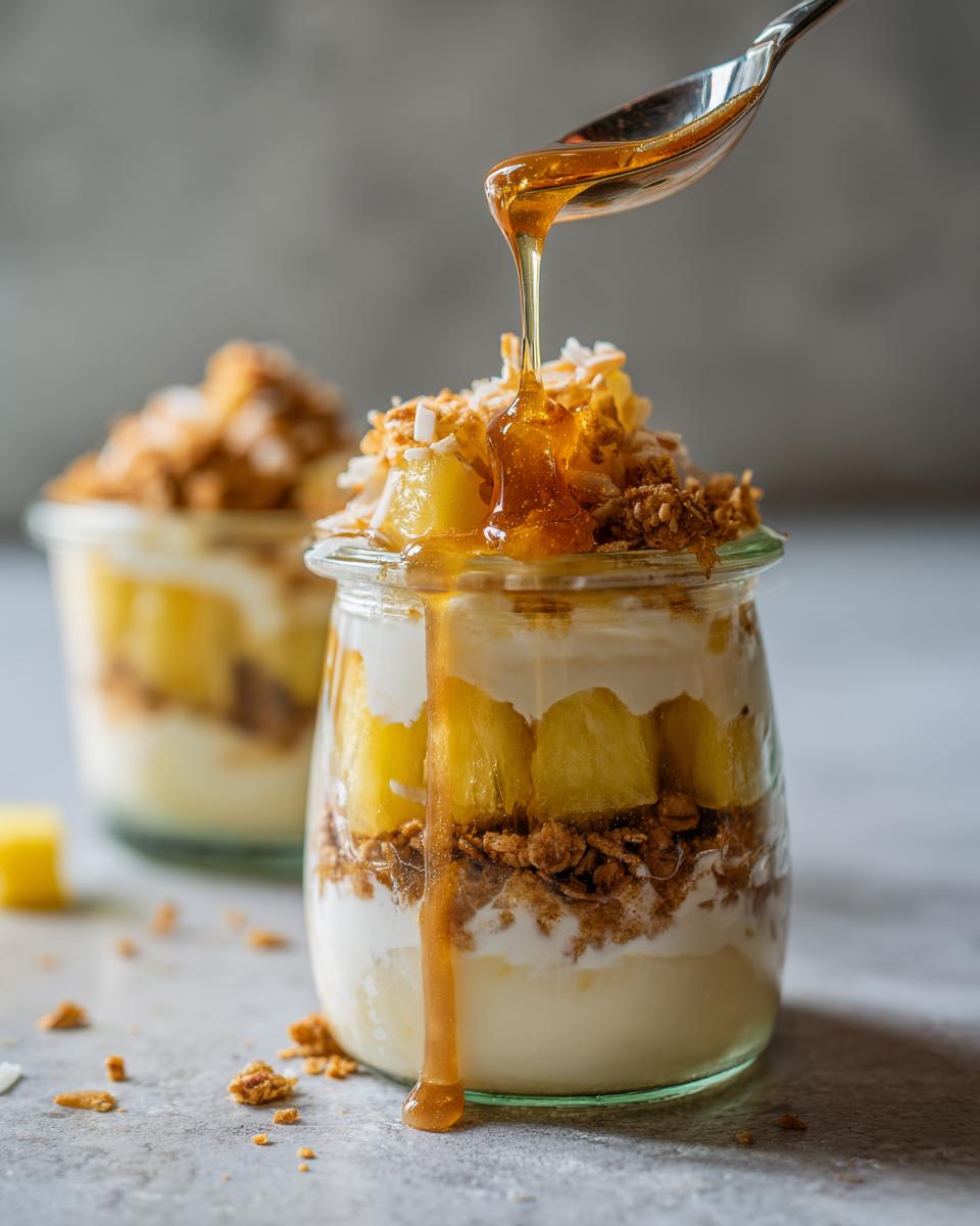 Close-up of tropical pineapple dessert jars with granola, pineapple chunks, and honey drizzle