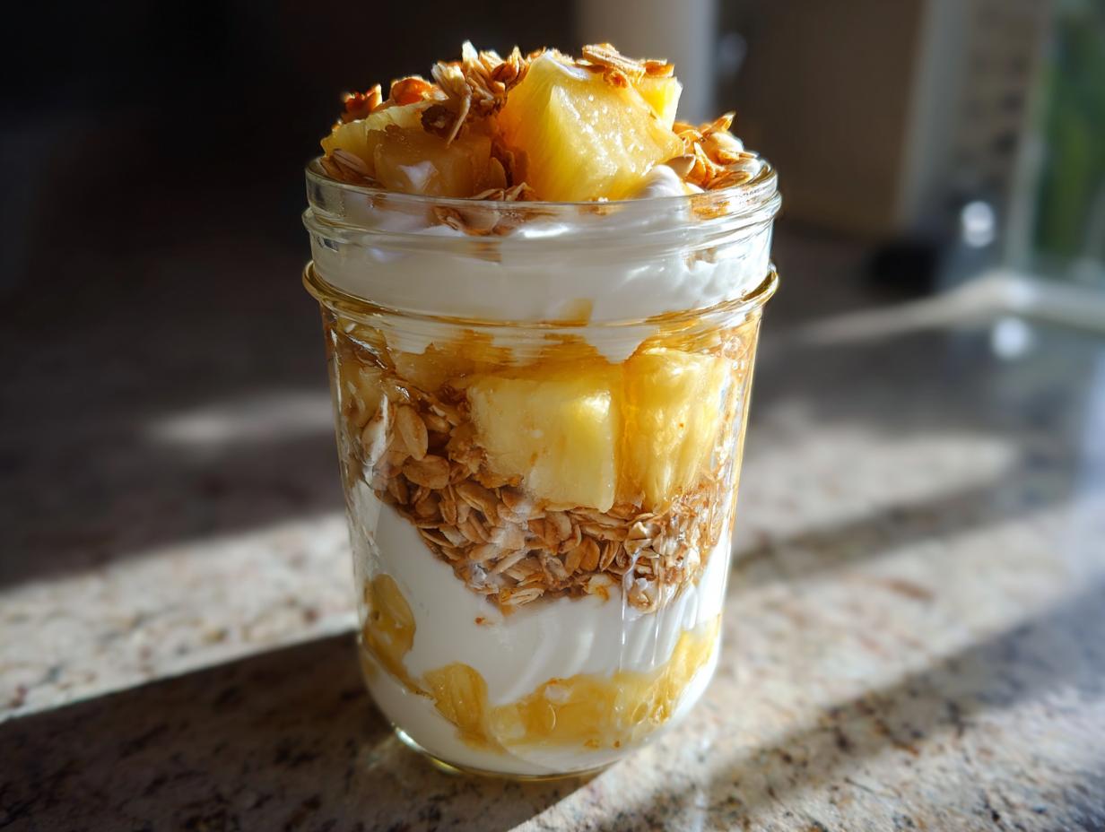 Glass jar filled with tropical pineapple dessert jars layered with yogurt, granola, and pineapple chunks.