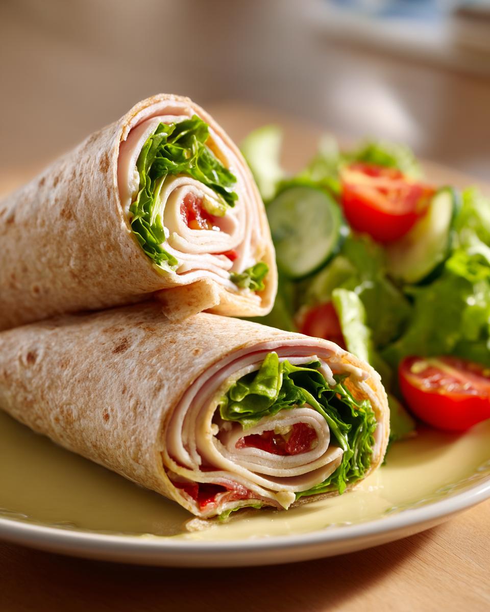 Two turkey lettuce wraps with tomatoes and greens on a plate with salad