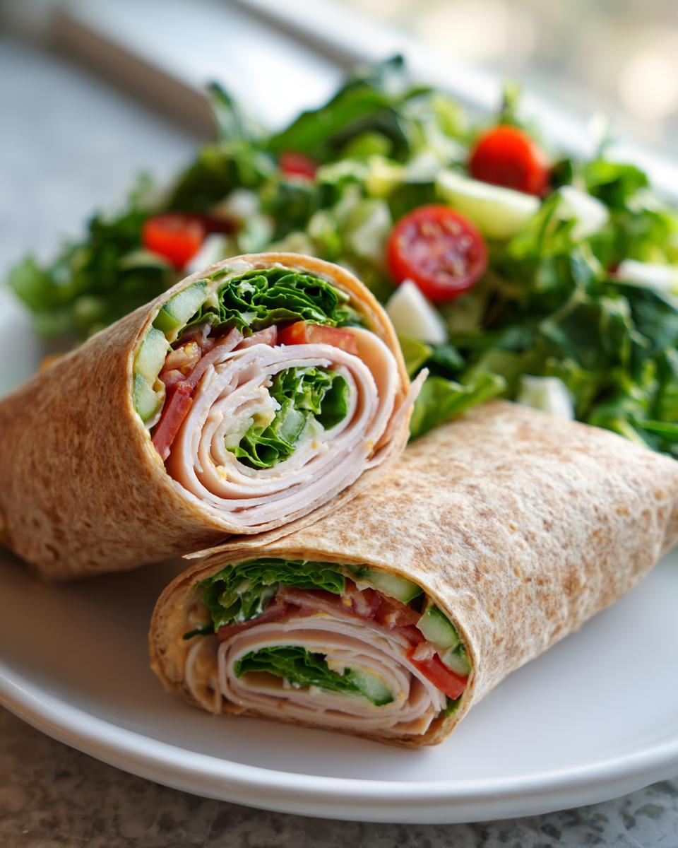 Turkey wrap with lettuce, tomato, and cucumber served with fresh salad on a white plate for easy cold lunch ideas